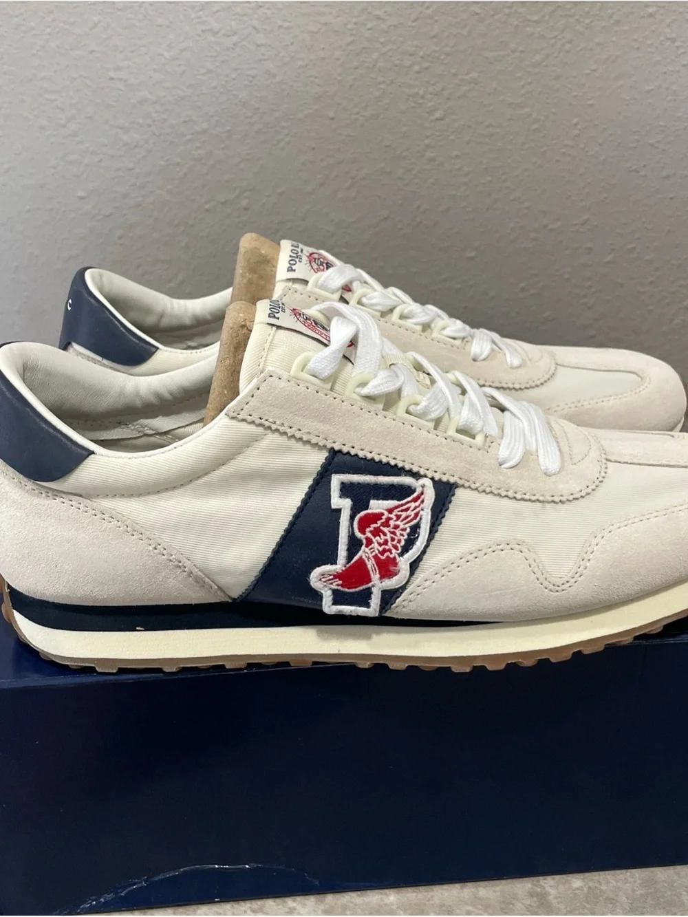Polo by Ralph Lauren Men’s Cream, Navy & Red Athletic Sneakers